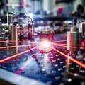 Close-up of a high-tech laser machine in action, emitting vibrant light beams in a futuristic factory setting. AI