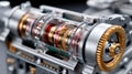 Close-up of a high-tech piston mechanism with detailed golden and metallic textures, emphasizing precision engineering Royalty Free Stock Photo