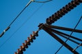 Close-up of a high voltage electricity pylon wires Royalty Free Stock Photo