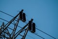 Close-up of a high voltage electricity pylon wires Royalty Free Stock Photo