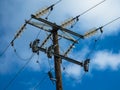 Close up of insulator power lines against blue sky Royalty Free Stock Photo