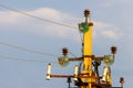 Close up of high voltage insulators with aluminium wire at power-tower Royalty Free Stock Photo