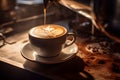 Coffee shop of a close-up highlighting the intricate latte art or steam rising from a cup. AI Generated