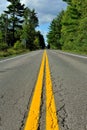 Close up of highway with diminishing yellow lines