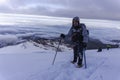 Close up hiker portrait on snowfield and mountain background