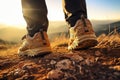 Close up of hiker with sturdy hiking shoes walking outdoors in scenic natural environment