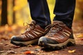 Close up of hiker wearing hiking shoes while walking on a scenic trail in the great outdoors