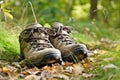 close-up of a hikers boots on a grassy path