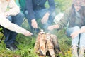 Close up of hikers roasting marshmallow on fire Royalty Free Stock Photo