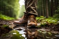 A close-up of hiking boots covered in mud and leaves, as they trudge through a dense forest trail Royalty Free Stock Photo