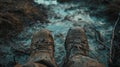 Mud-Caked Hiking Boots in Wilderness Setting generative ai