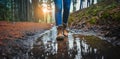 Close up of hiking shoes on a trail or path at beautiful sunset in a wild forest. Close-up of female hikers shoes. Generative Ai