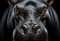 A close up of a hippo with a black background. Generative AI image.