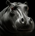 A close up of a hippo on a black background. Generative AI image.