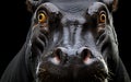 A close up of a hippo with a black background. Generative AI image.