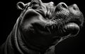 A close up of a hippo with its mouth open. Generative AI image.