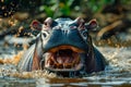 Close Up of a Hippopotamus Submerged in Water, Opening Mouth with Splashing Drops, Wildlife Scene Royalty Free Stock Photo