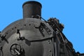 Close-up of a historic black steam locomotive, transport