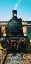 Close-up of a historic black steam locomotive, transport