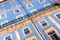 Close-up of a historic building facade in Porto`s old town with the typical blue Azulejo ceramic tiles