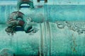 Close up of historic, ornate, turquoise cannons