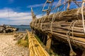 Close up historical wooden shipwreck reconstruction detail on land, Urla, Izmir, Turkey. Ancient Greek culture, Kyklades ship