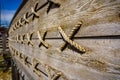 Close up historical wooden shipwreck reconstruction detail on land, Urla, Izmir, Turkey. Ancient Greek culture, Kyklades ship Royalty Free Stock Photo