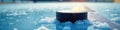 Close up of hockey stick on puck, ice blurred, ice surface, focus Royalty Free Stock Photo