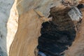 Close-up of hole and cracks on the end of an old log