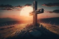 Close-up of holy creed and religion symbol at sunrise or sunset. Wooden cross on background of sun on hill. Generative ai