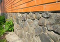 Close up on house foundation wall from wild stone waterproofing with bitumen membrane.