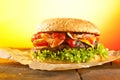 Close-up of home made burgers with fire flames Royalty Free Stock Photo