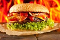 Close-up of home made burgers with fire flames Royalty Free Stock Photo