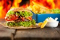 Close-up of home made burgers with fire flames Royalty Free Stock Photo