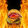 Close-up of home made burgers with fire flames. Royalty Free Stock Photo