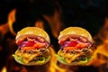 Close-up of home made burgers with fire flames. Royalty Free Stock Photo