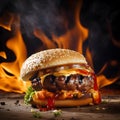 Close-up of home made burgers with fire flames on black background Royalty Free Stock Photo