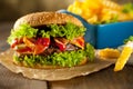 Close-up of home made burgers with french fries on wooden background..