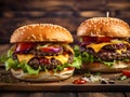 Close-up of home made burgers on wooden table. Tasty burger with french fries and fire