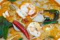 Close up Home Made River prawn spicy soup or Tom Yum Kung. thai spicy food. Royalty Free Stock Photo