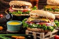 Close-up of home made tasty burger and hot dogs with fried chicken french fries. raditional American food. fast food Royalty Free Stock Photo