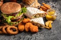 Close-up of home made tasty burger and hot dogs with fried chicken french fries. raditional American food. fast food Royalty Free Stock Photo