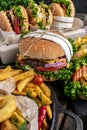 Close-up of home made tasty burger and hot dogs with fried chicken french fries. raditional American food. fast food. vertical Royalty Free Stock Photo