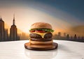 Close-up of home made tasty burger on wooden table.Ai generated Royalty Free Stock Photo
