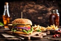 Close-up of home made tasty burger on wooden table Royalty Free Stock Photo