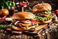 Close-up of home made tasty burger on wooden table