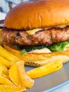 Close-up of home made tasty burgers, french fries on plate, Juicy cheeseburger Royalty Free Stock Photo