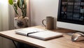 Close up of home office desk with computer, supplies and coffee cup Royalty Free Stock Photo