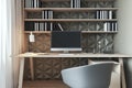 Close up of home office interior with workplace, decorative designer wall, mock up computer monitor and furniture. 3D Royalty Free Stock Photo