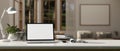 Close-up home workspace with laptop mockup and decor on a white tabletop
